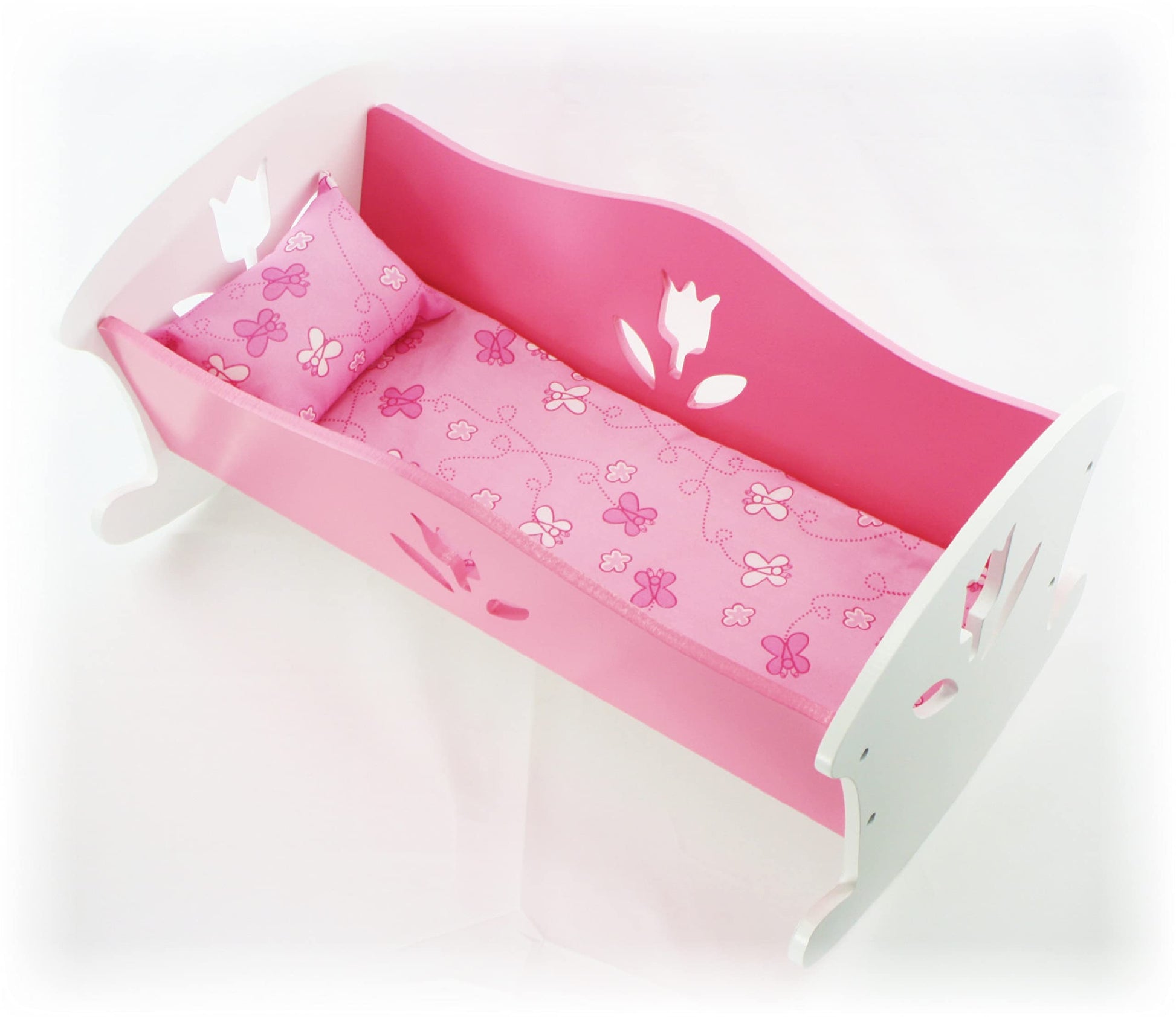 Matty's Toy Stop 18 Inch Doll Furniture Wooden Doll Rocking Cradle (Crib) with Pink Pillow & Cushion - (18" Pink/White Floral) Fits American Girl