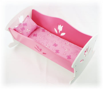 Matty's Toy Stop 18 Inch Doll Furniture Wooden Doll Rocking Cradle (Crib) with Pink Pillow & Cushion - (18" Pink/White Floral) Fits American Girl