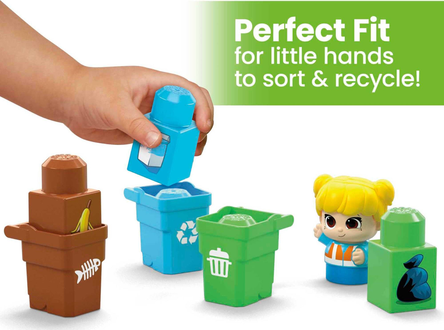 MEGA BLOKS Fisher-Price Toddler Building Blocks, Green Town Sort & Recycle Squad with 15 Pieces, 2 Figures, Toy Gift Ideas for Kids