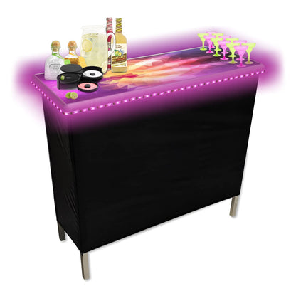 Folding Portable Party Bar w/Patented Multi-Color LED Lights, Prism Graphic, Black Skirt, and Storage Shelf