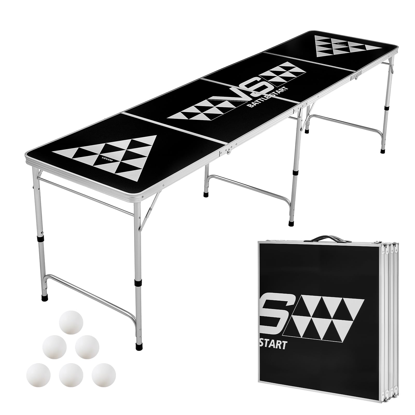 VEVOR 8 Foot Portable Beer Pong Table, Carrying Handles and 6 Pong Balls, Adjustable Height, Lightweight Table for Office, Tailgate Party, Travel