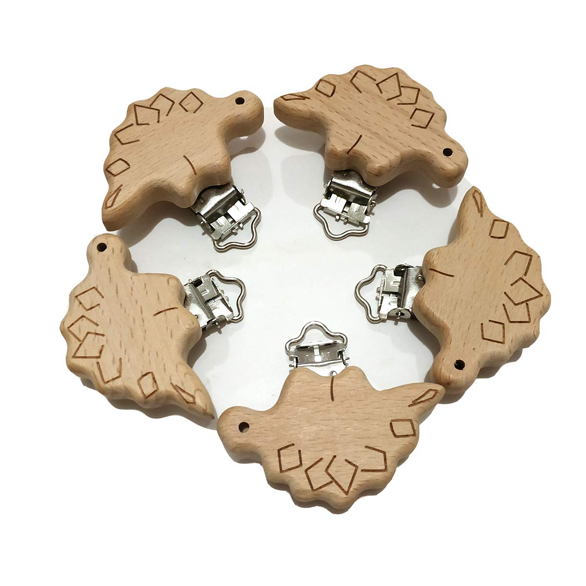 5pcs Natural Beech Wood Animal Pacifier Clips Grasping Toy Suspender Chain Clips Charm Antique DIY Beading Accessory (Stegosaurus)