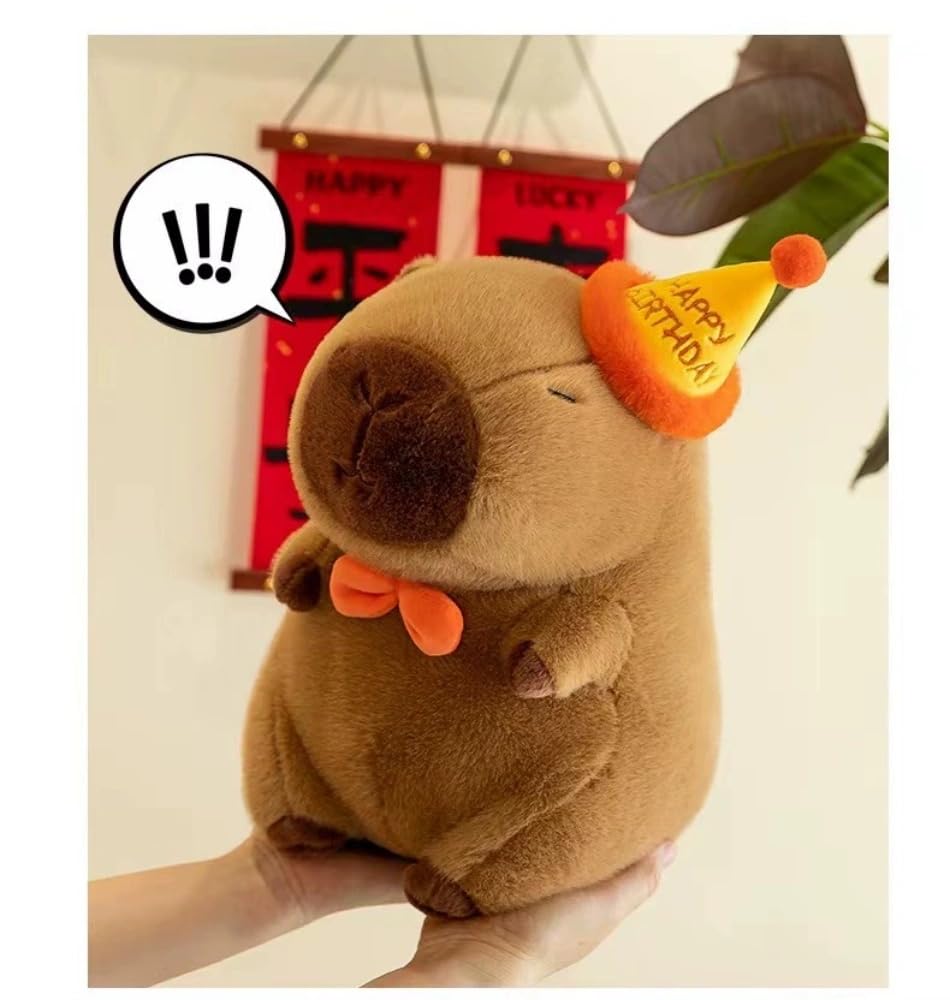 Xshelley 11.8 inch Capybara Plush Toy Pillow with Happy Birthday Hat Bow Soft Stuffed Animal Kids Party Decoration Gift (Birthday Style)