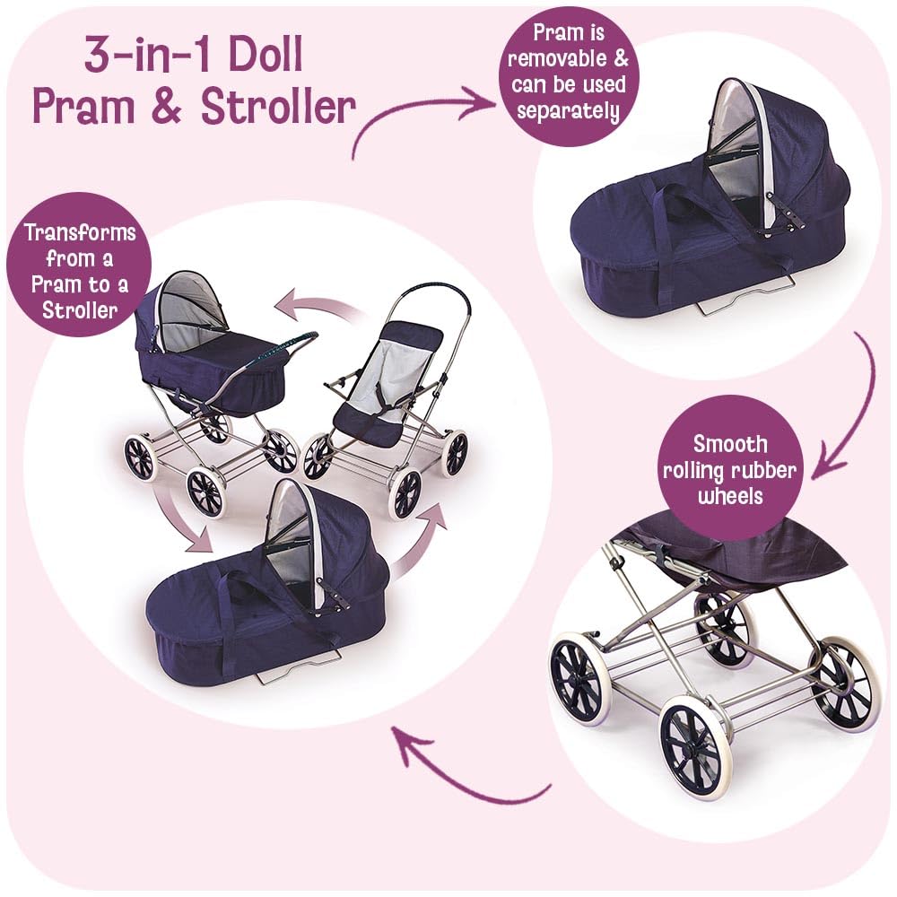 Badger Basket English Style Doll Stroller - Adjustable Canopy Classic Doll Pram - Fits 18 to 22-Inch Dolls - Durable Pretend Play Toy with Smooth