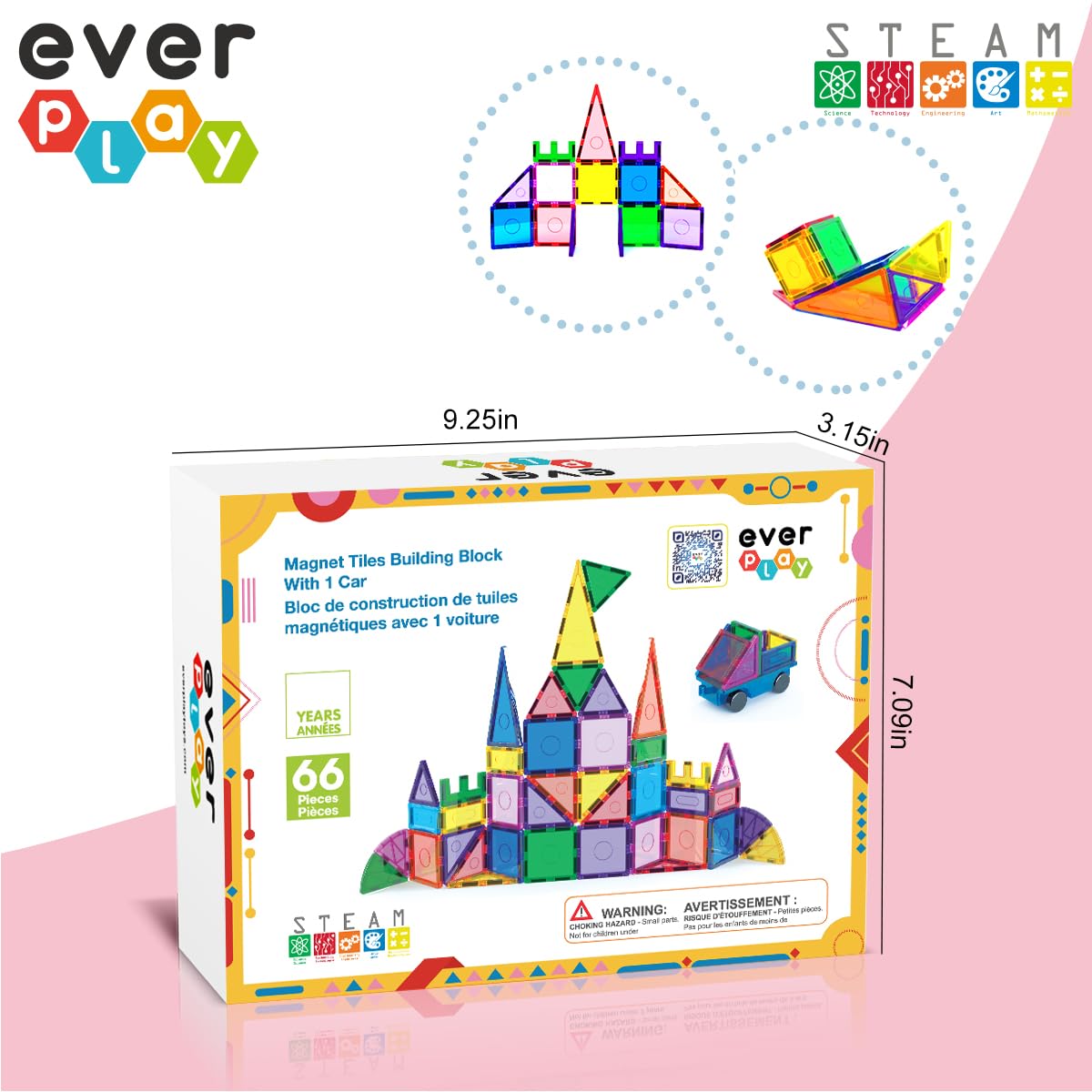 Everplay 66 pc Magnetic Tiles with Multicolored Car Set, Building Blocks Toys, STEM Educational Learning Magnet Toy Preschool Montessori Boys & Girls