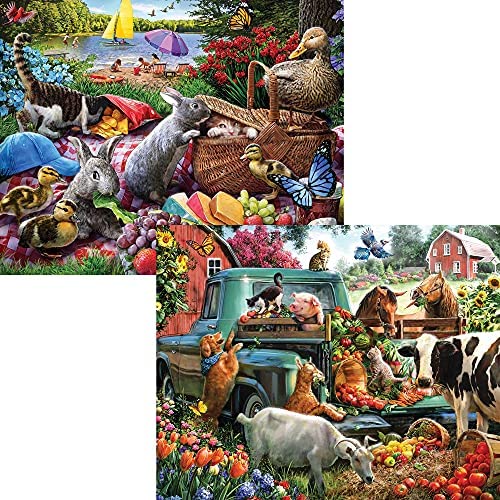 Bits and Pieces 4 Jigsaw Puzzle Set 300 Piece Puzzles for Adults, 4-in-1 Country Animals Set Set 300 Large Pieces 16" x 20" Jigsaw Puzzles - Picnic