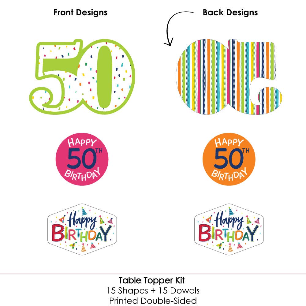 Big Dot of Happiness 50th Birthday - Cheerful - Colorful Party Centerpiece Sticks - Table Toppers - Set of 15