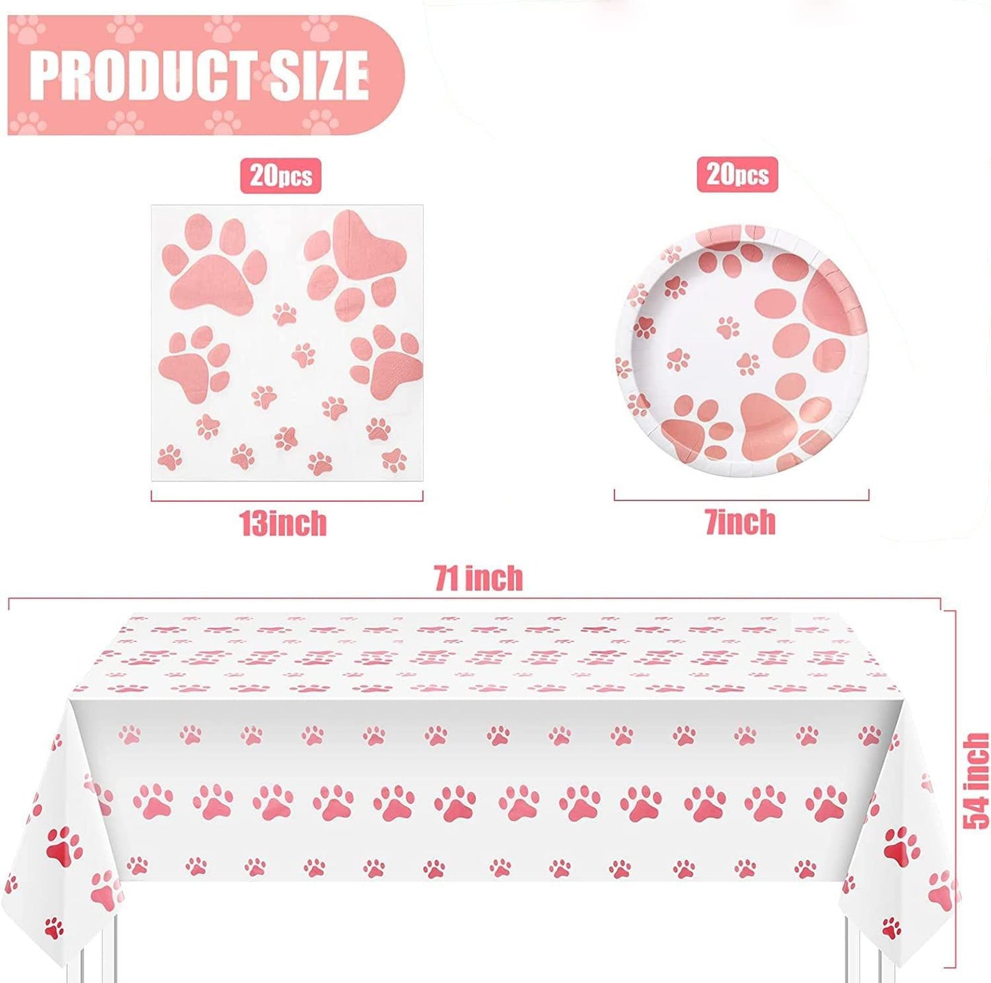 Pink Puppy Party Supplies - Includes 20 Paper Plates, 20 Napkins, 1 Tablecloth - Puppy Theme Birthday Decoration