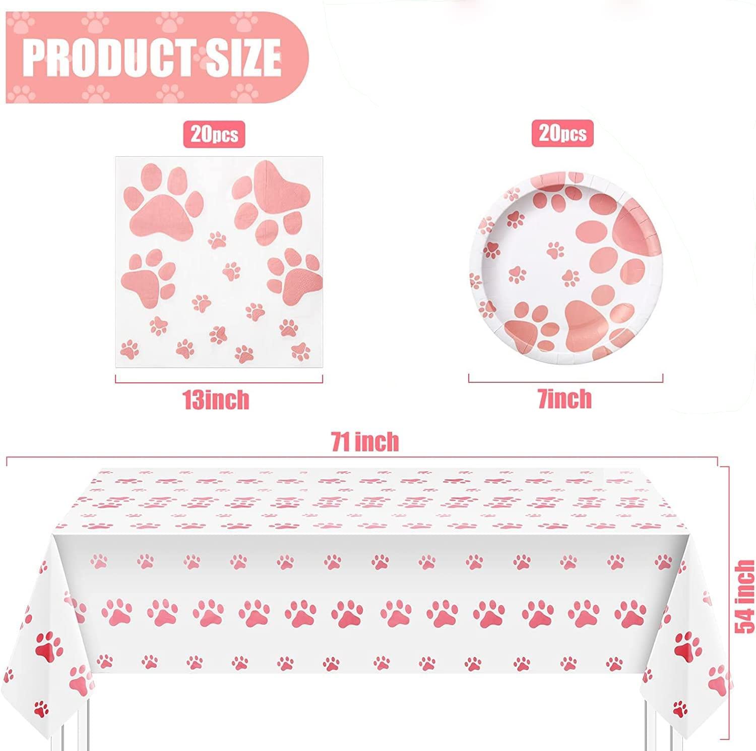 Pink Puppy Party Supplies - Includes 20 Paper Plates, 20 Napkins, 1 Tablecloth - Puppy Theme Birthday Decoration
