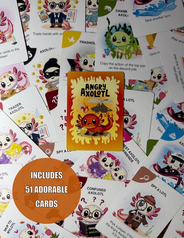 Angry Axolotl Card Game, Fast-Paced Family Party Game, Ages 7+, 2-6 Players, 51 Playing Cards with Instructions, 15 Minute Playtime, Made in USA