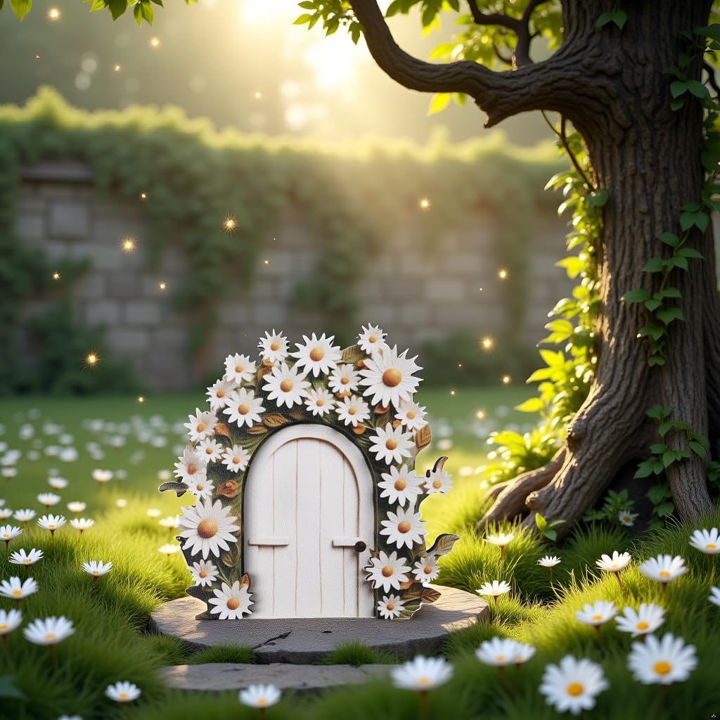 Cauaoa White Daisy Frame Fairy Door, Miniature Fairy Garden Accessories, Glow in The Dark, Outdoor Decor