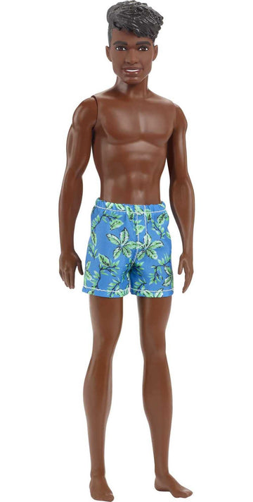 Barbie Ken Beach Doll, Black Hair, Blue Tropical Swim Trunks