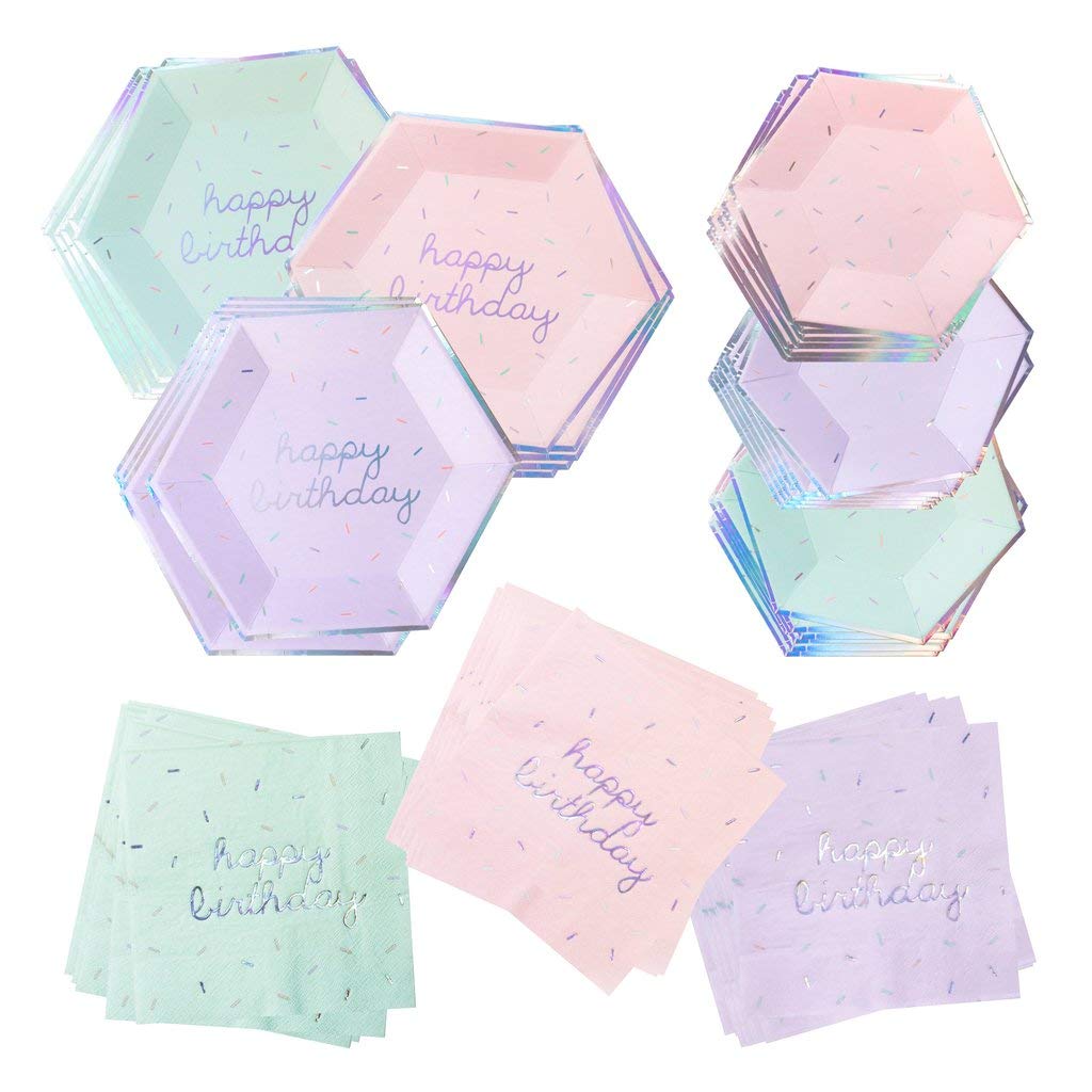 Harlow & Grey Sprinkles Party Plates and Napkins Set, 60-pc Pastel Happy Birthday Kit, Multi- Color Pack w/Pink, Teal, and Purple Disposable Paper