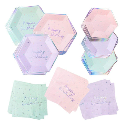 Harlow & Grey Sprinkles Party Plates and Napkins Set, 60-pc Pastel Happy Birthday Kit, Multi- Color Pack w/Pink, Teal, and Purple Disposable Paper