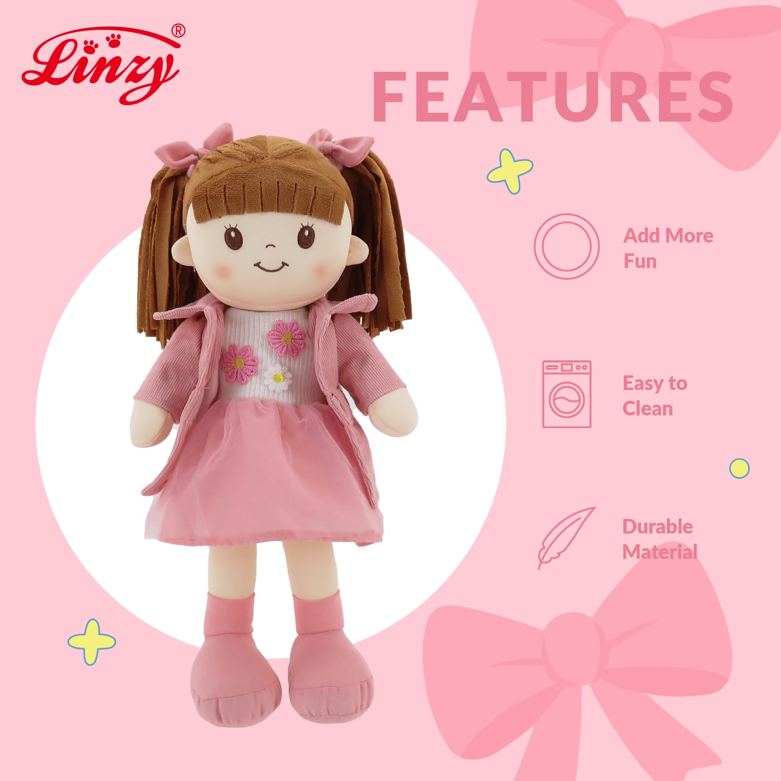 Linzy 15" Little Sweet Hearts Emily Doll - Adorable My First Plush Rag Doll for Girls - Soft Baby Doll with Braided Pigtails & Bows, Washable Sensory