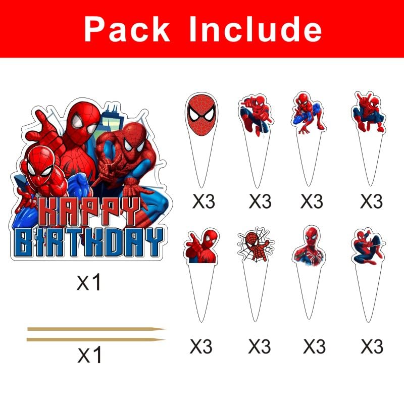 25pcs Spider Cake Decorations with 1pcs Cake Topper, 24pcs Cupcake Toppers for Spider Birthday Party Supplies