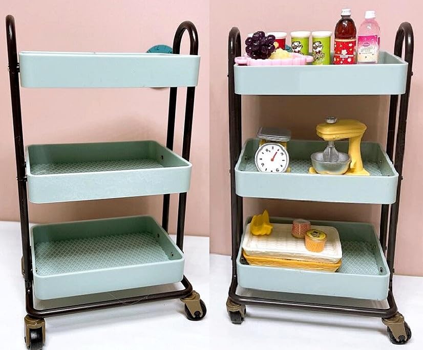 EatingBiting 1:6 sacle Miniature Furniture Cart Miniature Handcart Rolling Cart 3 Layers Storage with Wheels Furniture Mini House Kitchen Restaurant