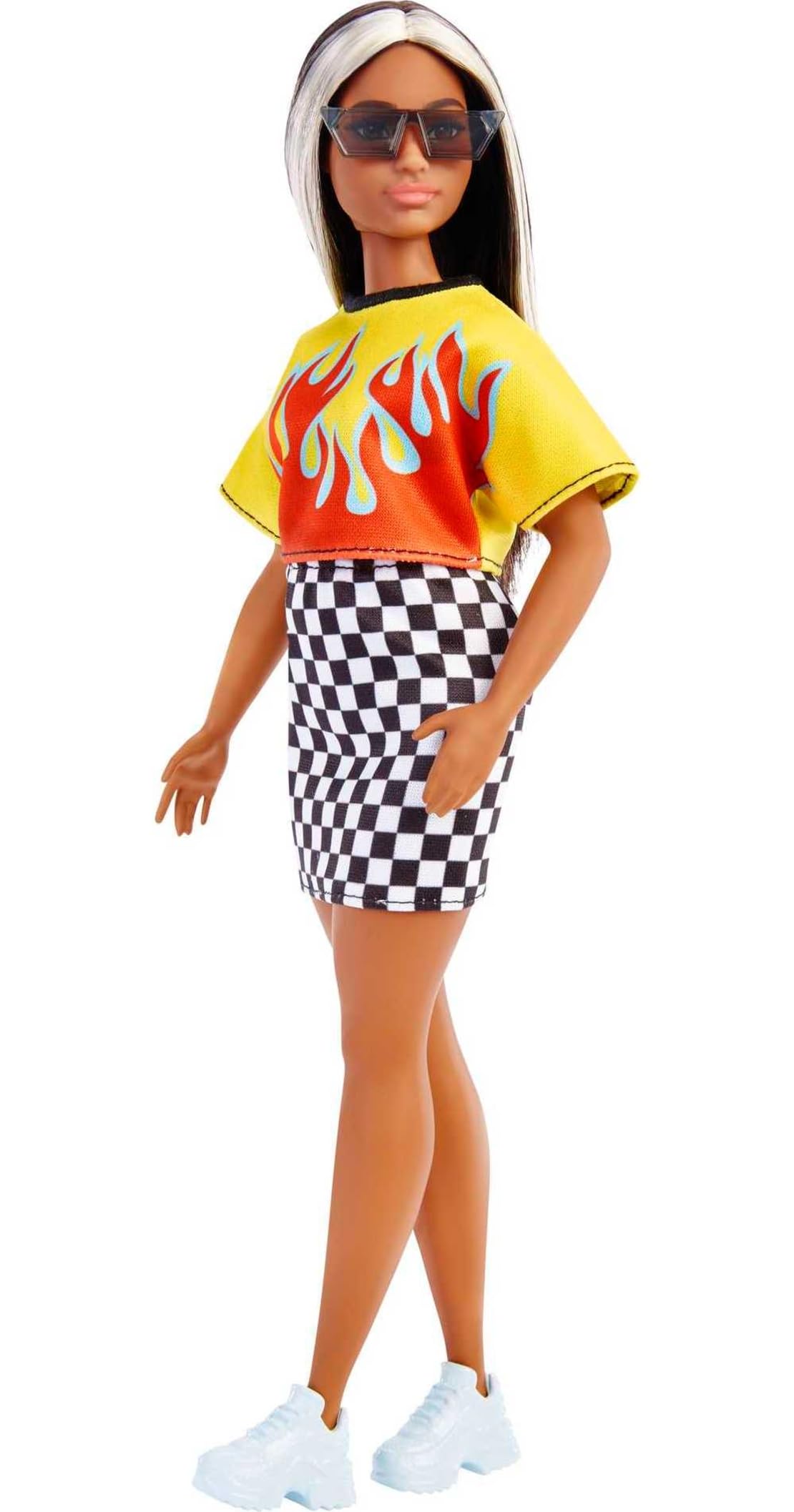 Barbie Fashionistas Doll #179, Curvy with Long Highlighted Hair, Flame Crop Top, Checkered Skirt & Accessories Including Sneakers & Sunglasses