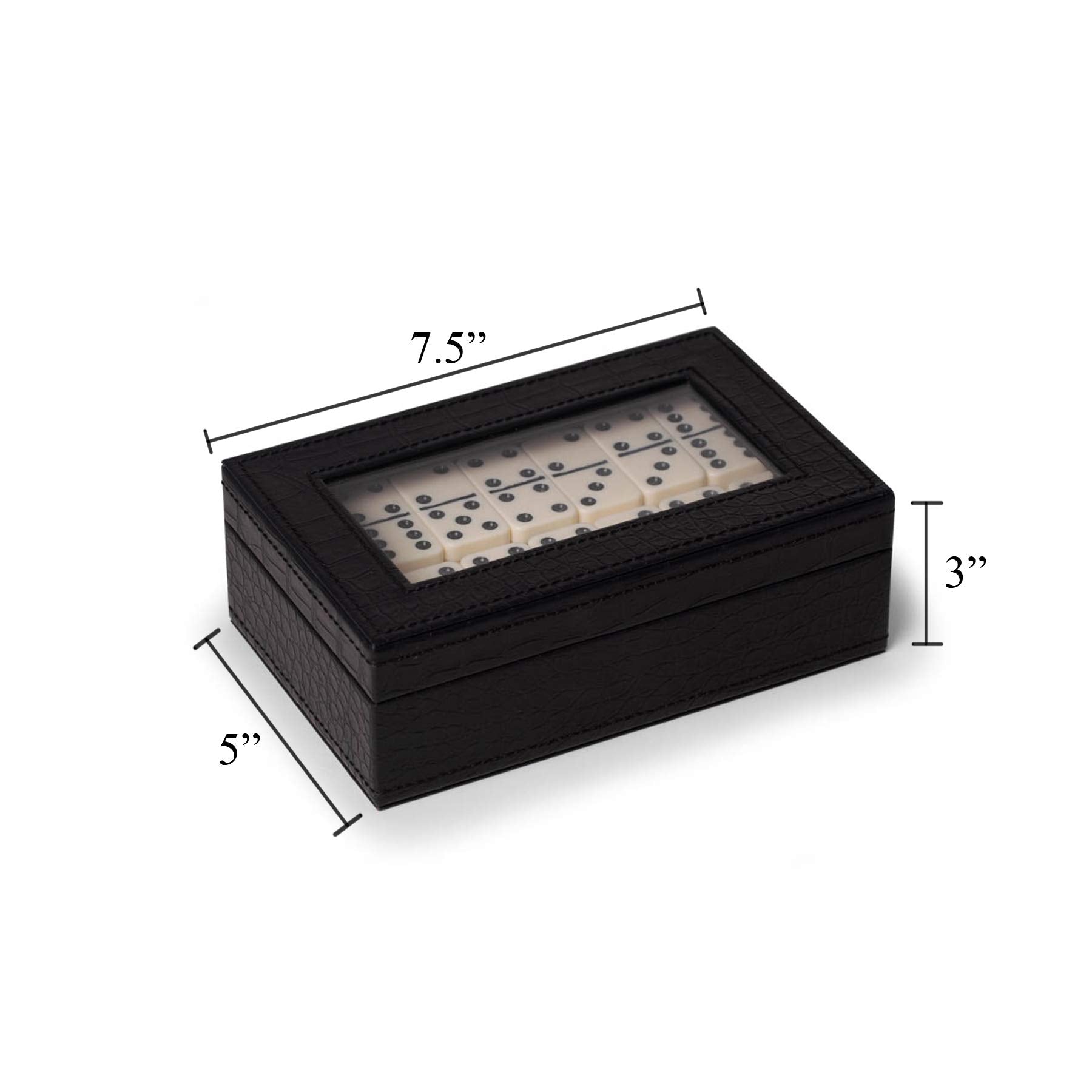 Bey-Berk Jaden Crocodile-Embossed Leather Domino Set, Double-6 55-Piece Tiles in Black Display Case, Coffee Table Game Set