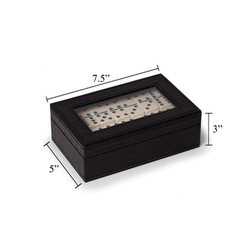 Bey-Berk Jaden Crocodile-Embossed Leather Domino Set, Double-6 55-Piece Tiles in Black Display Case, Coffee Table Game Set