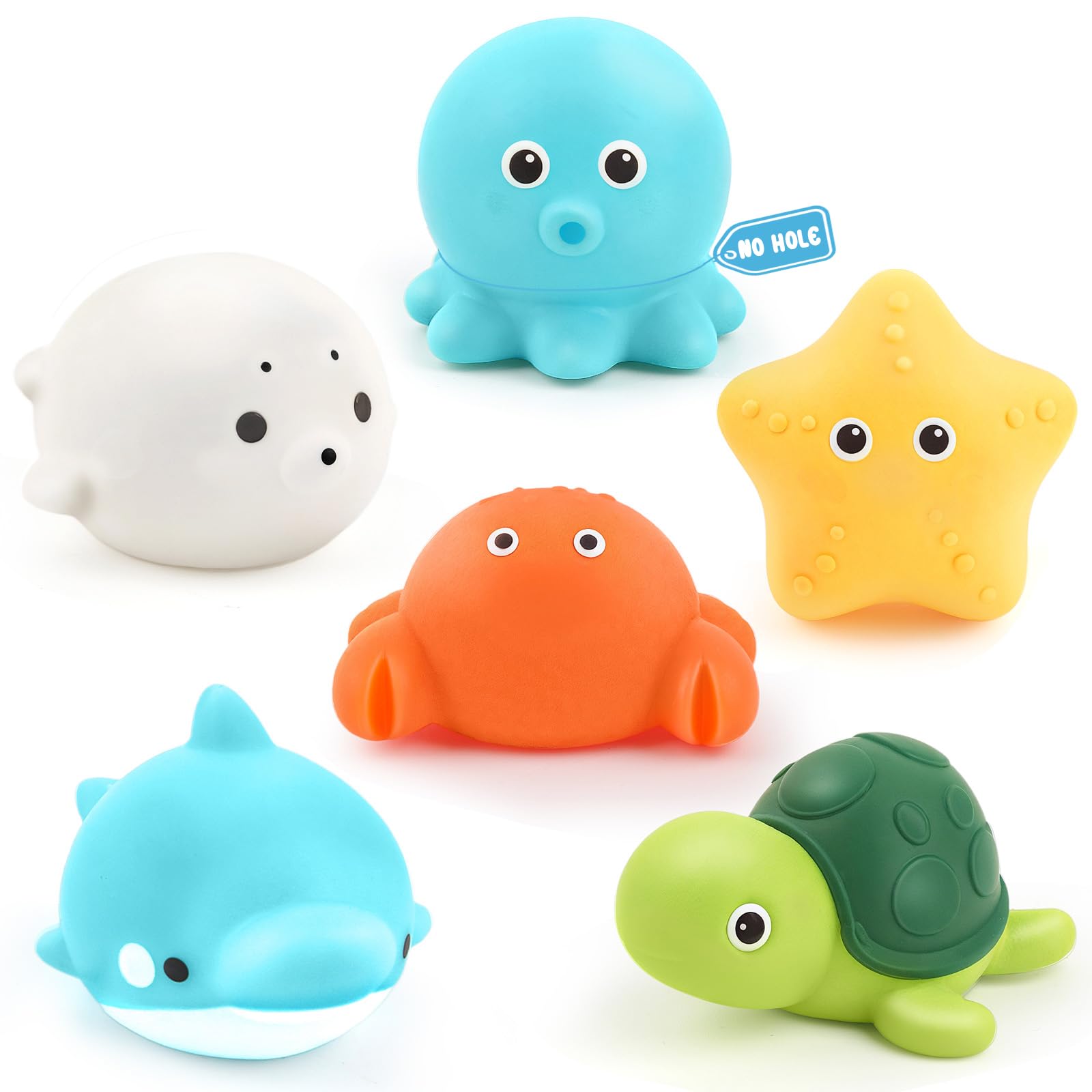 Bath Toys 6 Pack No Hole Baby Bathtub Toys Soft Squeezable & Float on Water Easy-Grip Toddler Bath Toy Set for Kids Ages 1-3 Tub Pool Toys