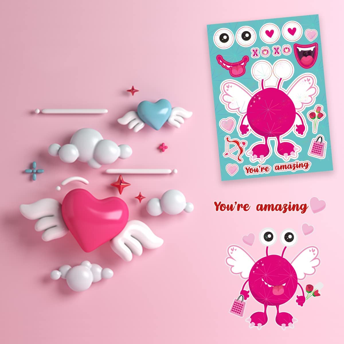 Monster Valentines Day Crafts for Kids,36 pcs Valentine Stickers Sheets DIY Art Cards Gift for School Activities or Valentine's Party Supplies Goodies