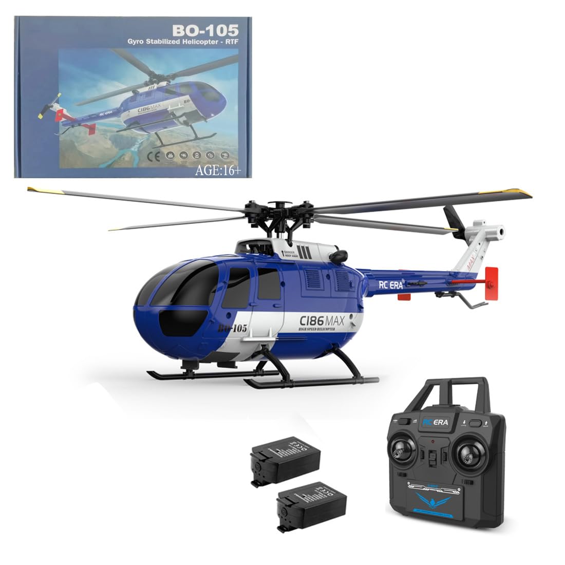 C186MAX BO105 RC Helicopter for Adults, 1:48 2.4G 4CH RTF Single Flybarless Direct-Drive RC Helicopter Outdoor, RC Aircraft Optical Flow Positioning