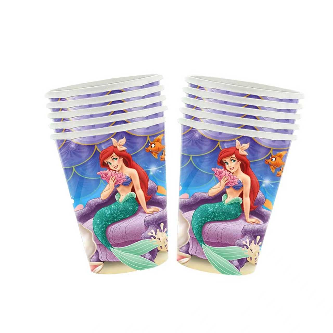 111PCS Disne Ariel Party Kit! Enchanting set with vibrant tableware & dreamy tablecloth, for a magical undersea kids' birthday.