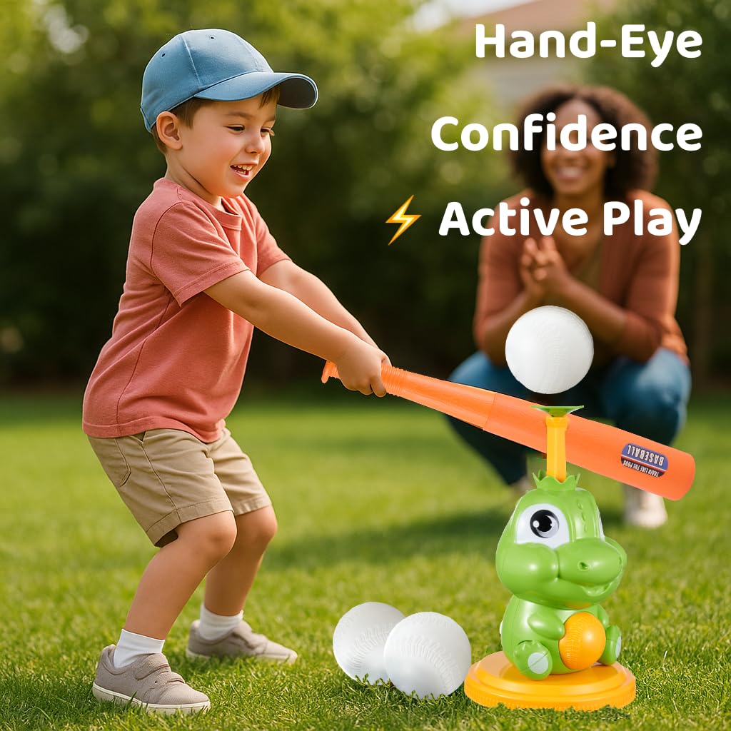 Dinoland Pop-Up T-Ball Set, Green Dinosaur Tee with Bat and 3 Balls, Indoor Outdoor Baseball Training Toy for Kids Ages 3-8