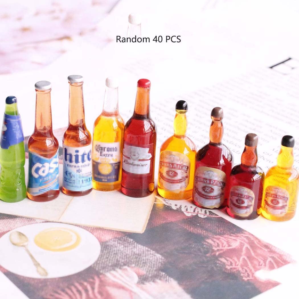 Borsgye 40 PCS Miniature Beer Bottles Mini Wine Drinks Glass Model Mixed Sets Simulation Instant Pretend Model Scene Resin Charms for Handcraft