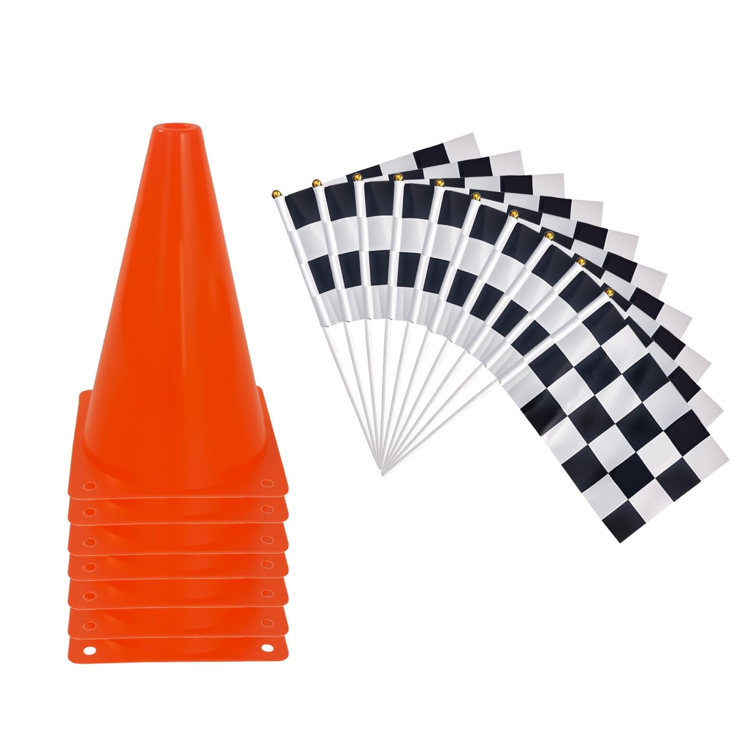 Racing Car Birthday Party Decoration - 12 orange cones (7", holes on top) & 24 flags. Suitable for quick center decorations for race-themed events