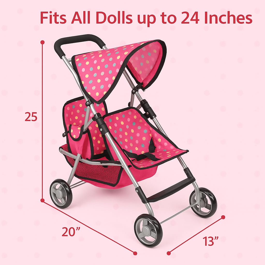 Twin Doll Stroller - Pretend Play Stroller for Dolls - Toy Stroller with Storage Basket for Baby Doll Accessories Set