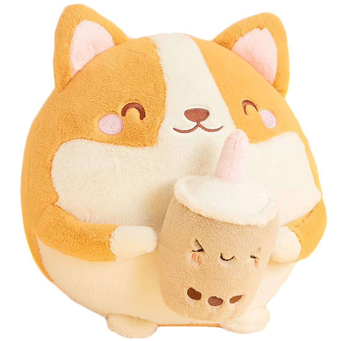 ELAINREN Cuddle Boba Corgi Plush Toy Soft Stuffed Corgi Dog with Cup of Milk Tea FurryBoba Tea Akita Puppy Plushie Doll/11.8''