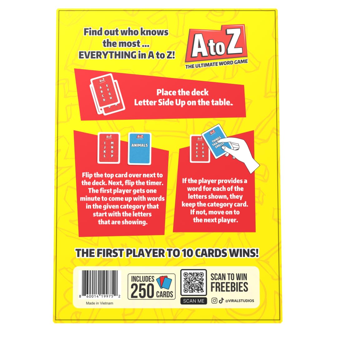 Viral Studios A to Z - Fast-Paced Word Game for Families & Game Nights - Race the Timer, Flip Letters & Shout Answers - Fun Card Game for Kids, Teens