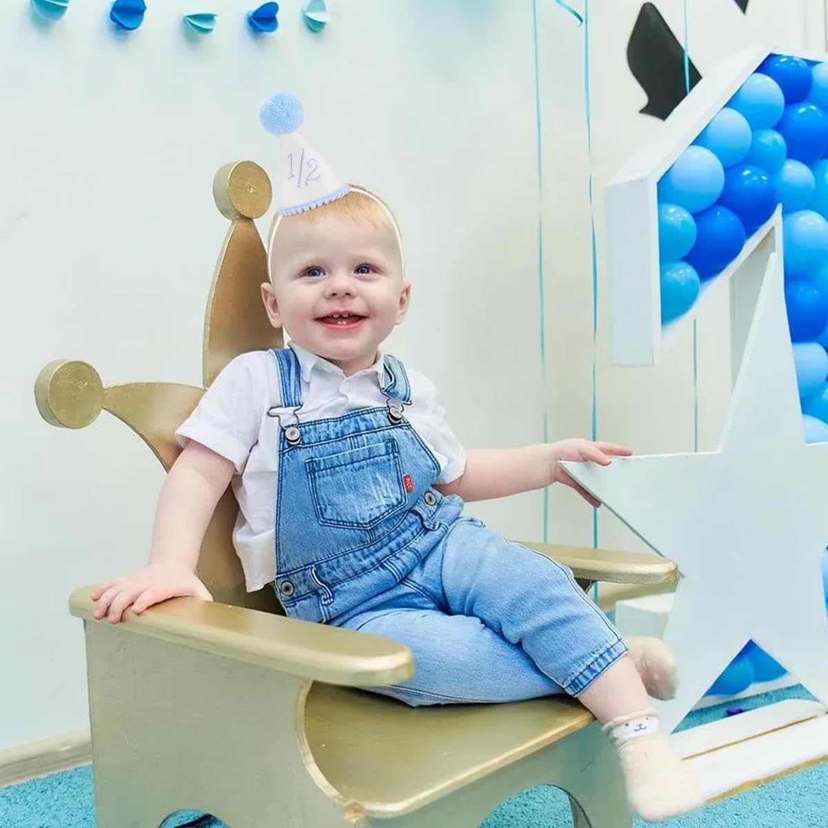 Kaniwati Boy 1/2 Birthday Party Crown, Blue half Hat,1/2 Birthday Embroidered Party Hat, Blue baby Decoration (BLUE-1/2-CXMZ)