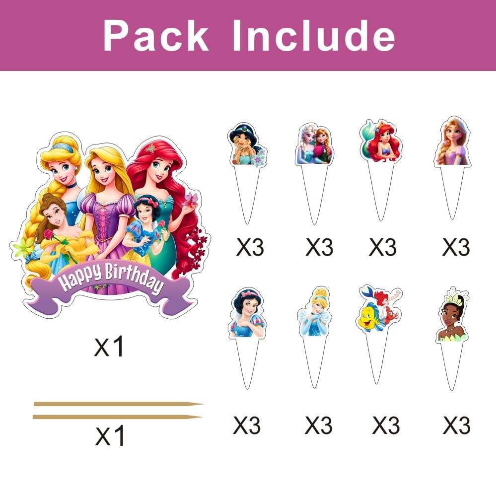 25Pcs Princess Cake Decorations with 24pcs Cupcake Toppers 1pcs Cake Topper for Princess Themed Birthday Party Supplies