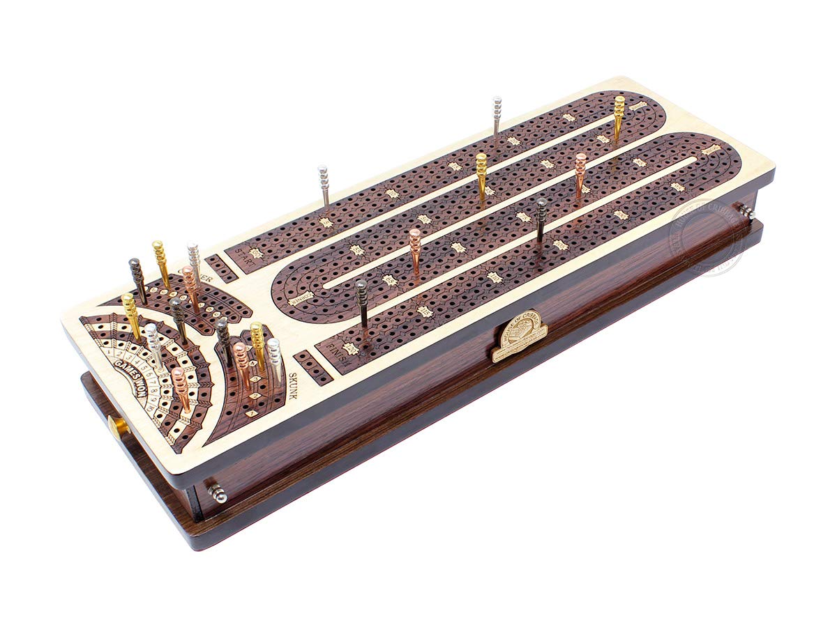 House of Cribbage - Continuous Cribbage Board/Box Inlaid in Maple/Rosewood : 4 Track - Side Drawers with Score Marking Fields for Skunks, Corners