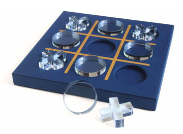 Modern Tic Tac Toe for Home Decoration with Blue Leather and Acrylic Pieces Decorative Table Top Housewarming Gift
