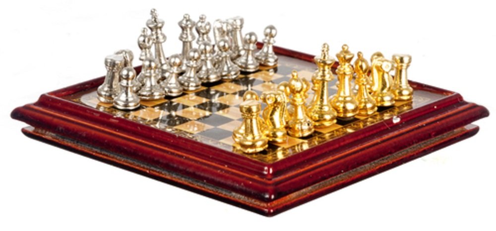 Dollhouse Miniature Metal Chess Set And Board