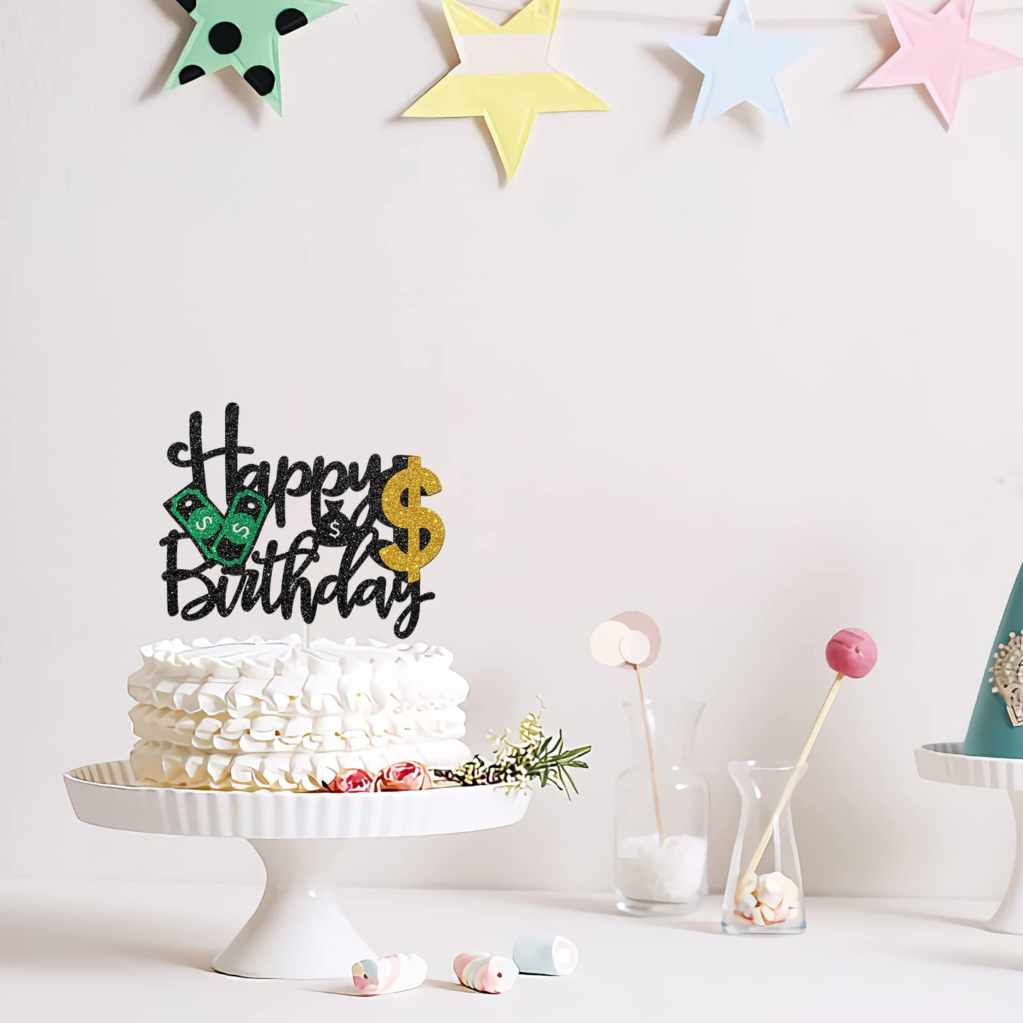 Halawawa Dollar Happy Birthday Cake Toppers, Money Cake Topper Decorations for Women Men Birthday Party, Dollar Theme Birthday Party Decor Supplies