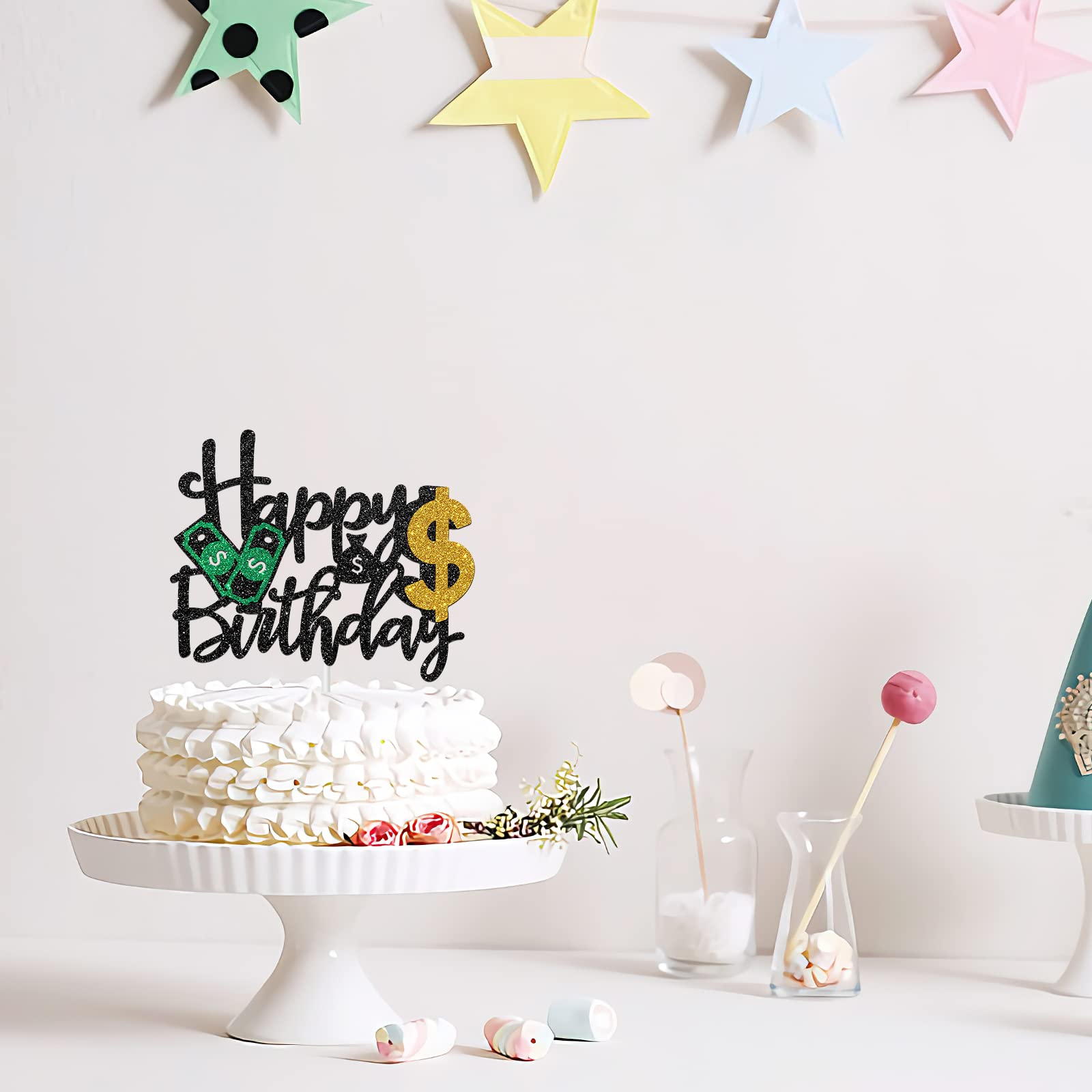 Halawawa Dollar Happy Birthday Cake Toppers, Money Cake Topper Decorations for Women Men Birthday Party, Dollar Theme Birthday Party Decor Supplies