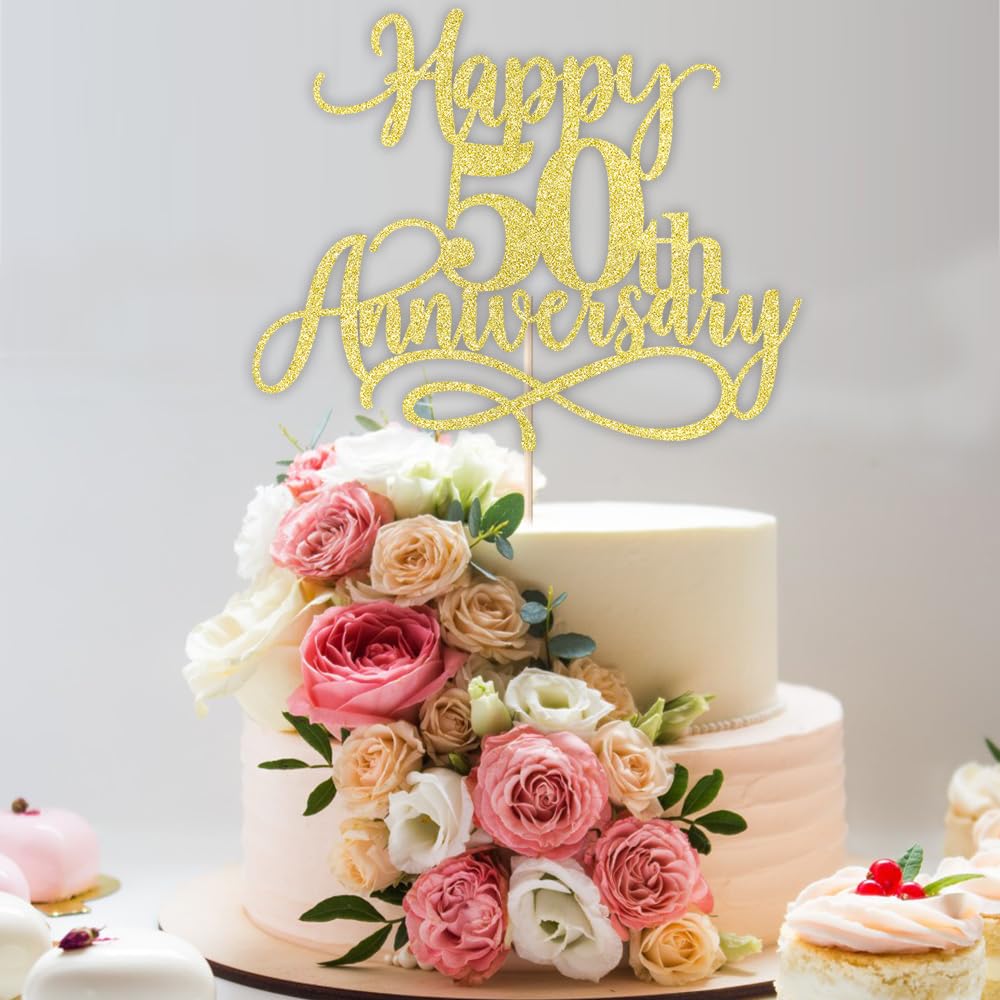 Dxsdgetue Gold Glitter Happy 50th Anniversary Cake Toppers - Wedding Anniversary Party, Company Anniversary Party, 50th Birthday Selected Decorations