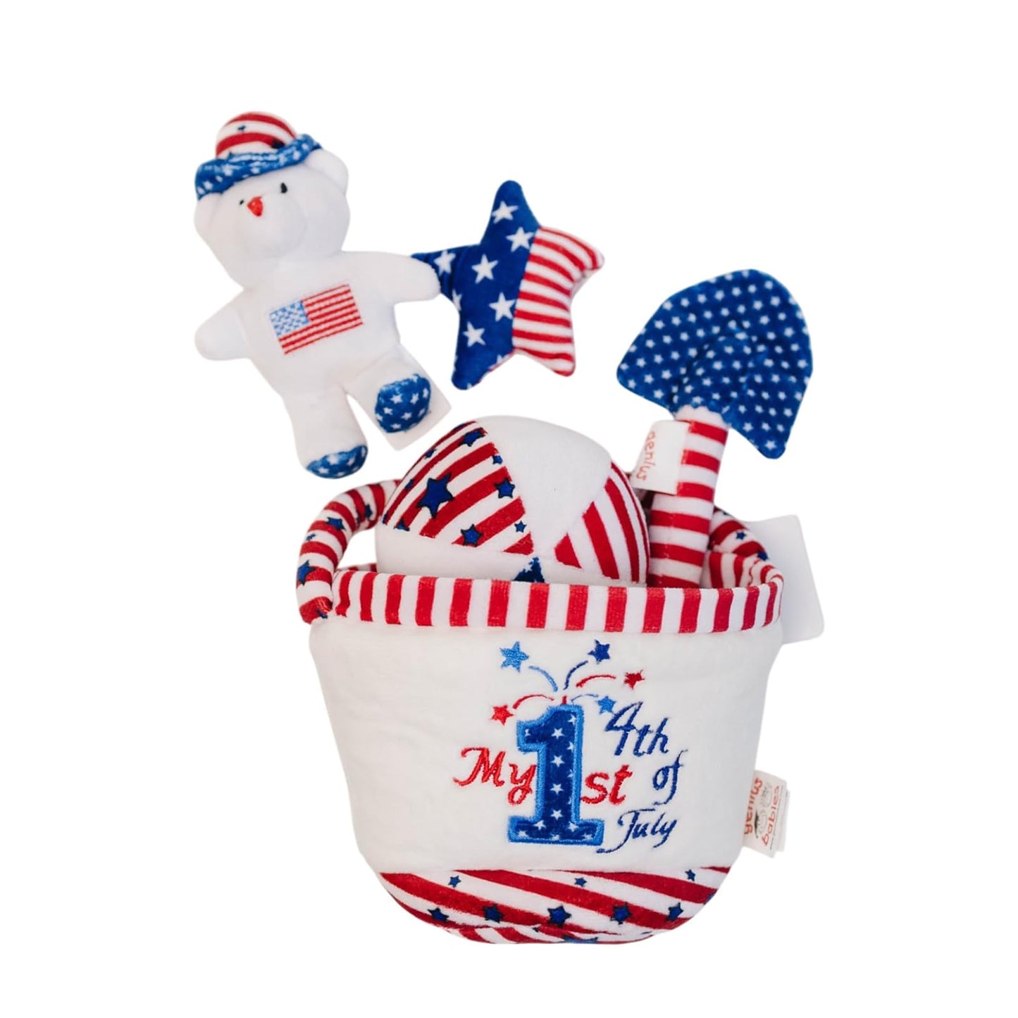 Genius Baby Toys My First 4th of July Baby Toy, Patriotic Plush Sand Bucket with 4 Sensory Toys - Teddy Bear, Shovel, Beach Ball & Sea Star, Summer