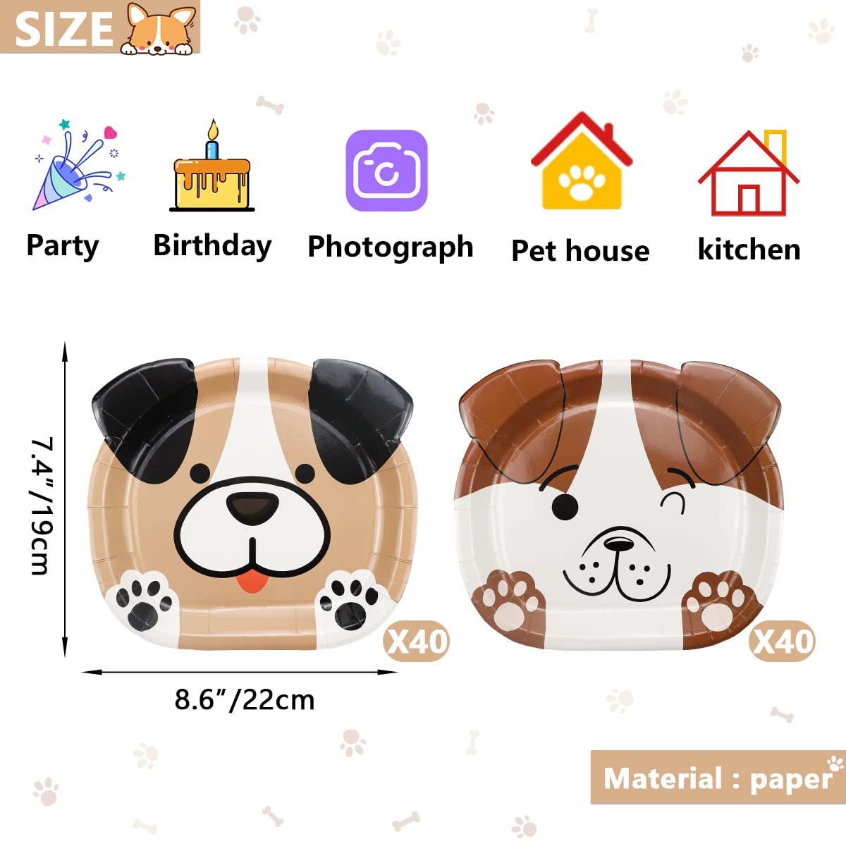 QUERICKY Dog Shaped Dinner Plates, Dog Birthday Party Disposable Plates, Dog Themed Party Tableware for Birthday, Party, Baby Shower, Puppy Theme