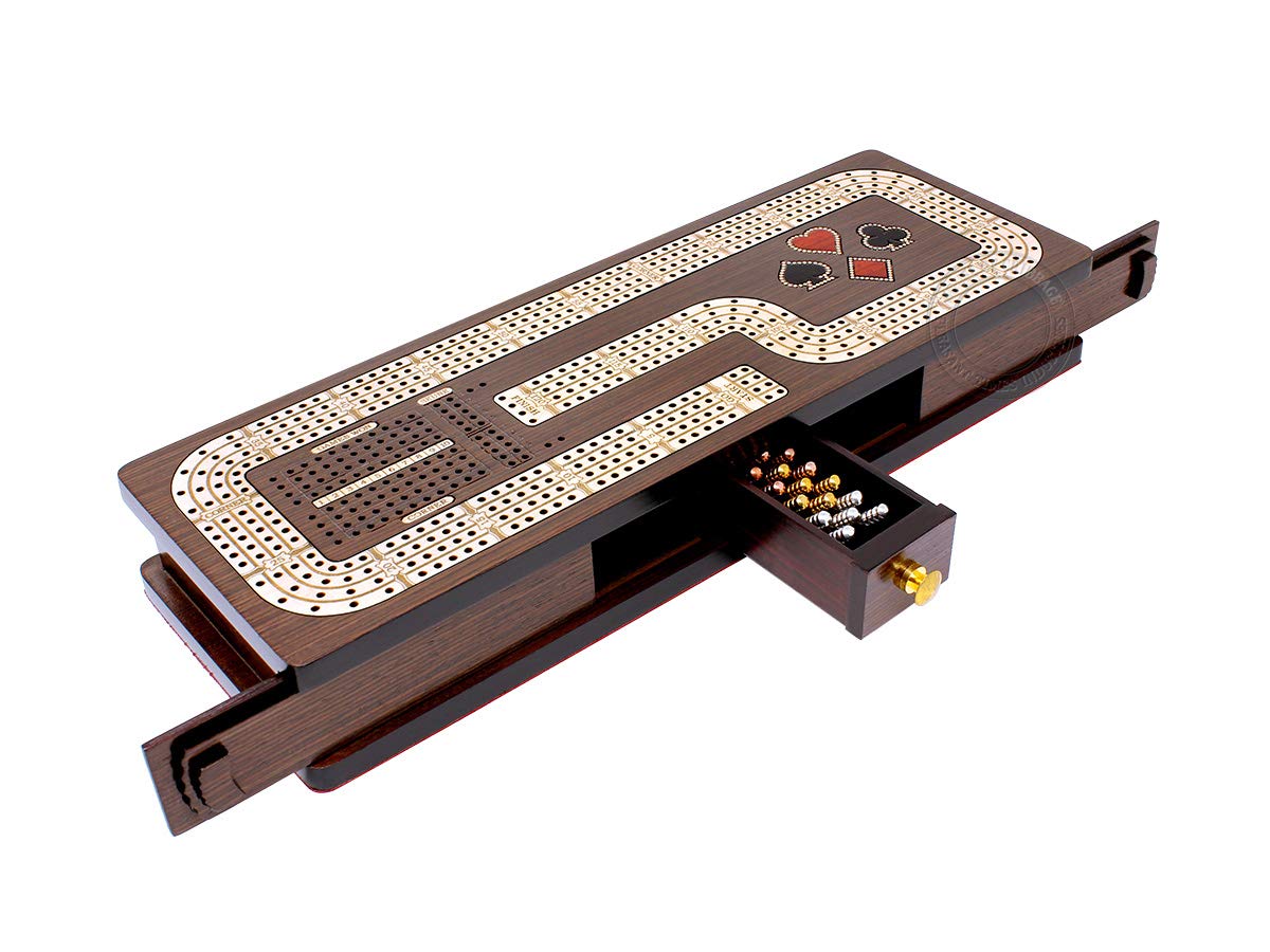 House of Cribbage - Continuous Cribbage Board/Box Inlaid in Wenge Wood/Maple : 4 Track - Cards & Pegs Storage Drawer with Score Marking Fields
