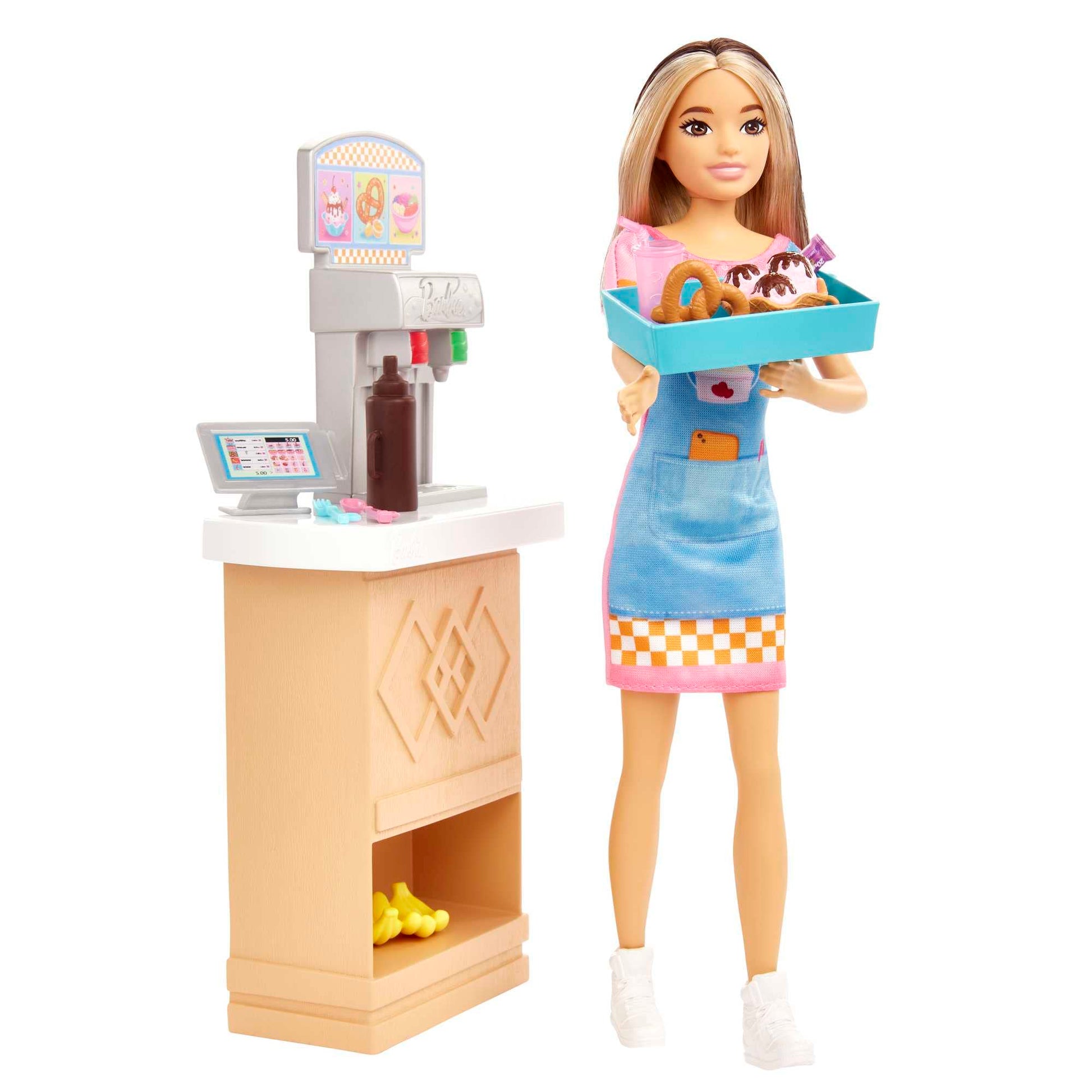 Barbie First Jobs Skipper Set with Doll Model, Snack Bar with Counter, Ice Cream Cup with Colour Change and 8 Accessories, Children's Toy, Ages 3