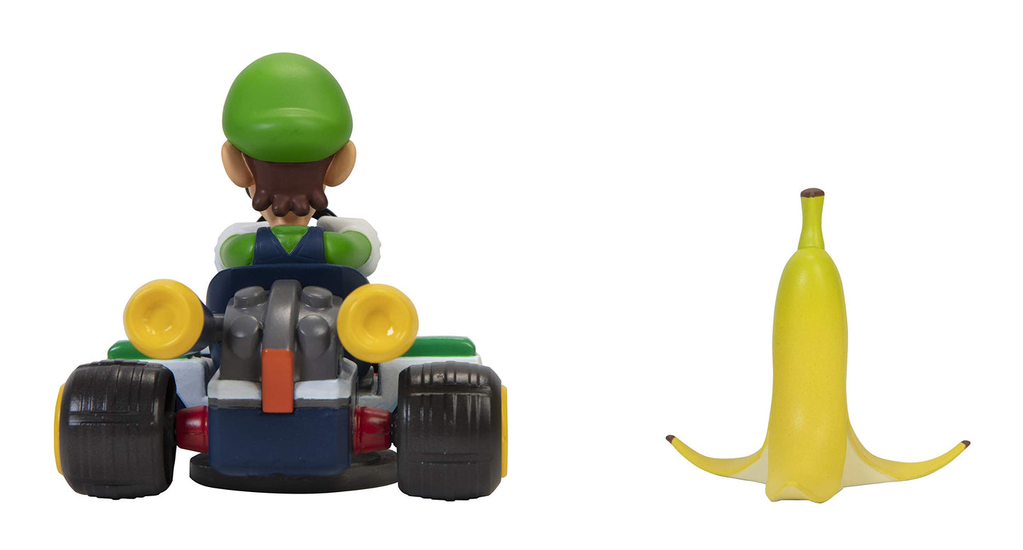 Super Mario Spin Out Mariokart Luigi Racer Vehicle with 360 Spins, Wind Up and Go! Includes One 2.5” Luigi Action Figure