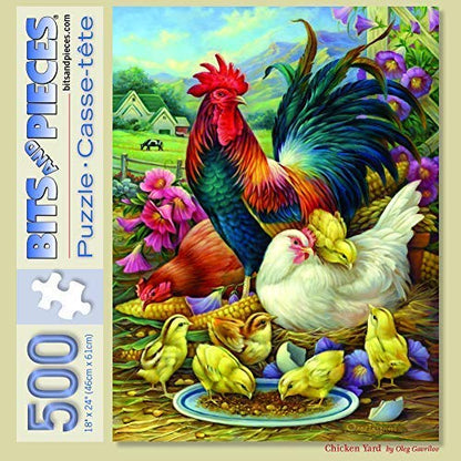 Bits and Pieces - 500 Piece Jigsaw Puzzle for Adults - Chicken Yard - Rooster Seed Mother Hen Corn Chicks Farm Jigsaw Puzzle by Artist Oleg Gavrilov