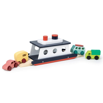Mentari Toys - Car Ferry - Wooden Boat Set with 4 Vehicles - Includes Car, Caravan, Campervan, and Truck - Interactive Loading & Unloading Toy