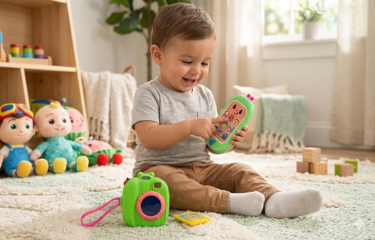 CoComelon Official Musical Cell Phone & Camera Toy Set - Interactive Pretend Tech with Lights, Sounds & JJ’s Song - Educational Learning Gift